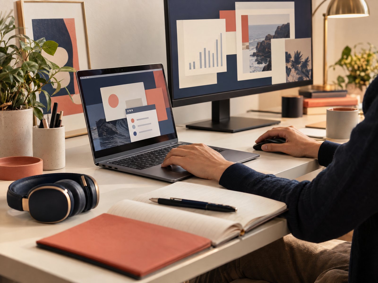 Organized desk with laptop, monitor, notebook, and abstract work panels
