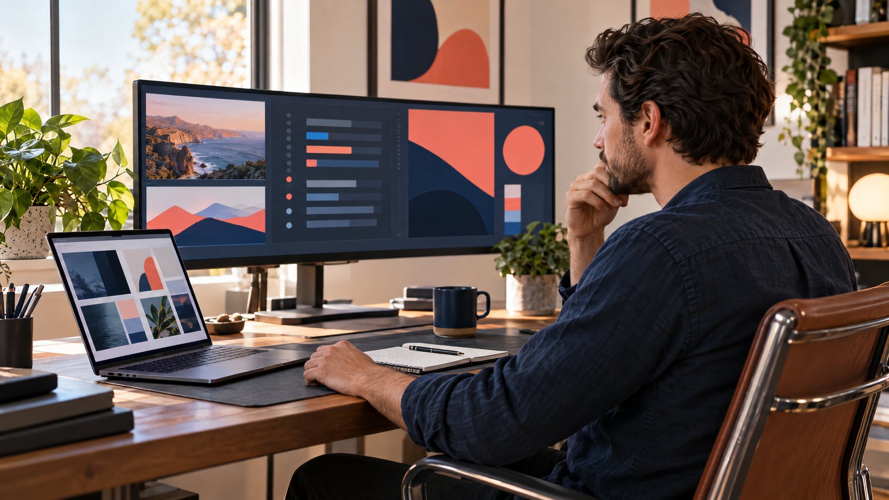 Adult professional reviewing a tidy desktop workspace with laptop and monitor